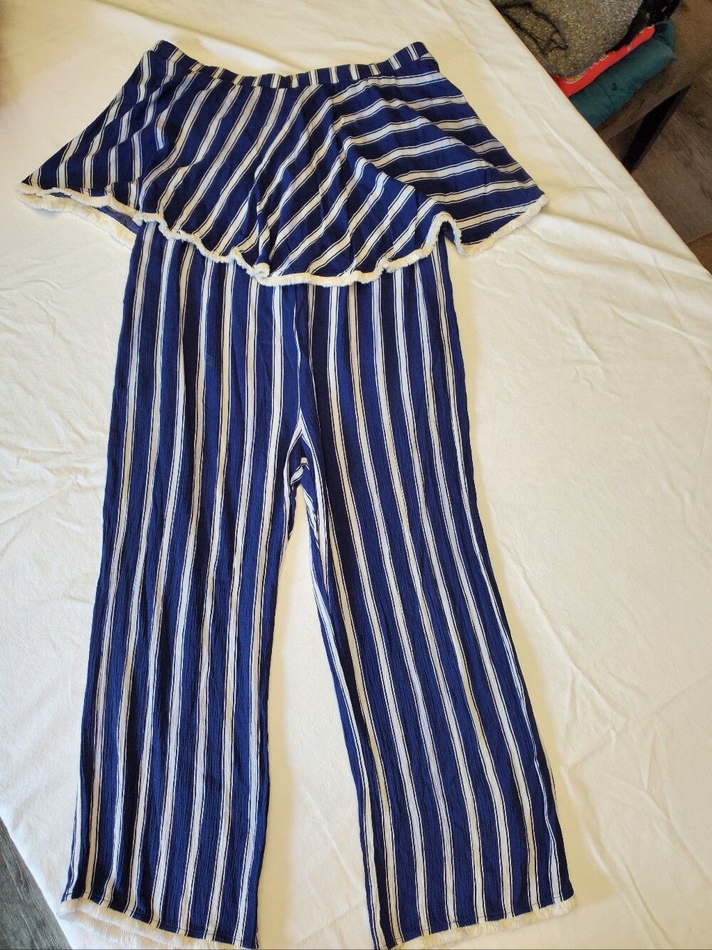 THML Navy White Striped Strapless Ruffle Wide Leg Jumpsuit Fringe Trim Rayon L